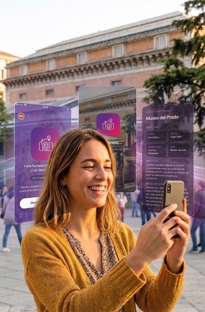 Persona usando Citypik frente a un edificio histórico, con resultados de la app en pantalla